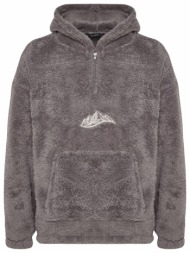 trendyol men`s gray oversize/wide-cut zippered hoodie with mountain embroidery pockets thick fleece/