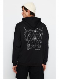 trendyol black men`s oversize/wide-fit hoodie. mystical front/back printed thick cotton sweatshirt.