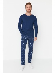 trendyol navy blue men`s 100% cotton regular fit printed knitted pajamas set.