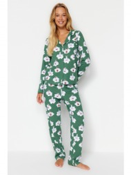 trendyol dark green 100% cotton rabbit printed shirt-pants and knitted pajamas set