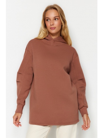trendyol camel hooded thick knitted sweatshirt with