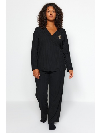 trendyol curve black embroidery detailed knitted pajamas set σε προσφορά