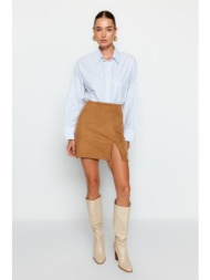 trendyol camel slit suede mini knitted skirt