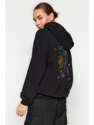 trendyol black thick fleece inside hoodie. front and back printed oversized knitted sweatshirt