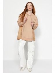 trendyol camel hooded knitted sweatshirt with back detail