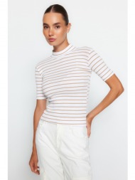 trendyol camel stripe standing collar fitted/simple short sleeve flexible ribbed knitted blouse