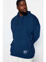 trendyol indigo men`s plus size basic comfortable hoodie with labeled fleece internal cotton sweatsh