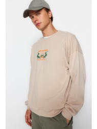 trendyol men`s beige oversize/wide-cut animal print fleece inner sweatshirt