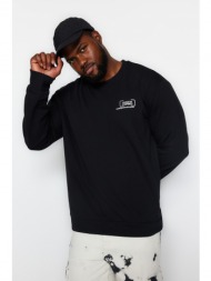 trendyol black men`s plus size regular/regular cut comfy minimal printed sweatshirt with a soft pile