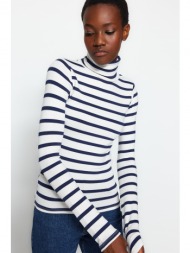 trendyol navy blue premium soft fabric turtleneck fitted/situated stripe knitted blouse