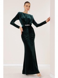 by saygı long velvet dress with front pleated belt