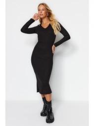 trendyol maxi v-neck knitted black knitwear fitted dress