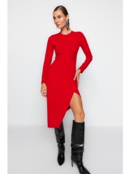 trendyol red crewneck knitted midi dress with a slit detail fitted body