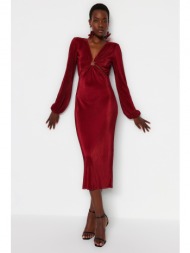 trendyol burgundy fitted knitted evening dress with pleats