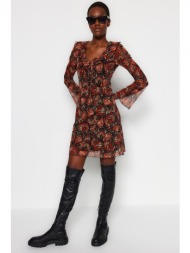 trendyol brown printed tulle lined mini skater/knitted waist dress with tie detail