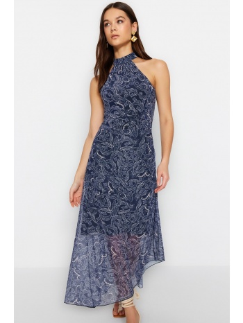 trendyol navy blue halterneck printed tulle maxi dress σε προσφορά