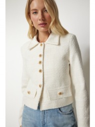 happiness istanbul women`s cream stylish button detailed tweed crop jacket