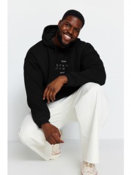 trendyol black men`s plus size oversized comfortable hoodie. reflective printed fleece inner sweatsh