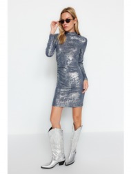 trendyol anthracite foil print, fitted, smocking mini stand-up collar flexible knit knit dress