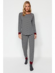trendyol anthracite multicolored striped cotton tshirt-jogger knitted pajamas set