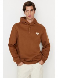 trendyol brown men`s regular/regular cut sweatshirt with animal embroidery and a soft pillowcase