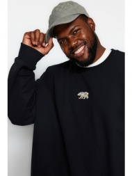 trendyol black men`s plus size oversize comfortable animal embroidered pile cotton sweatshirt with a