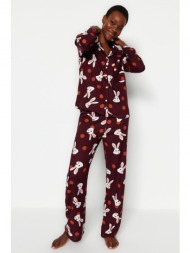 trendyol burgundy rabbit patterned shirt-pants woven pajamas set