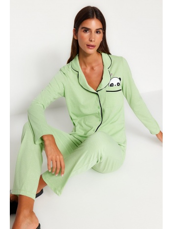 trendyol mint panda printed shirt-pants knitted pajamas set σε προσφορά