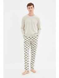 trendyol beige men`s regular fit printed knitted pajamas set