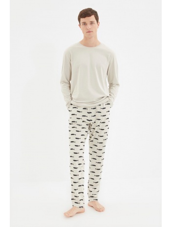 trendyol beige men`s regular fit printed knitted pajamas set σε προσφορά