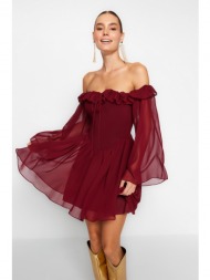 trendyol burgundy chiffon evening dress that opens at the waist/skater lined, chiffon evening dress