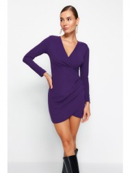 trendyol purple, double breasted, fitted mini knit dress