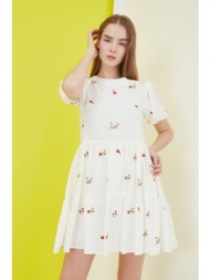 trendyol straight cut ecru mini dress with woven lining and embroidered flowers