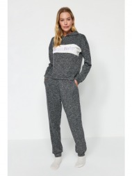 trendyol gray motto printed sweatshirt-jogger knitted pajamas set