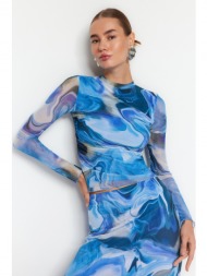 trendyol blue patterned draping see-through back fitted/plastic tulle knitted blouse