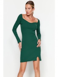 trendyol green corduroy sweetheart neck fitted long sleeves stretchy mini knit dress