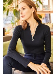 olalook women`s navy blue lycra zipper turtleneck blouse