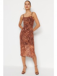 trendyol limited edition brown printed fitted midi, flexible knit dress