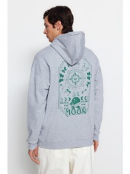 trendyol gray men`s oversize hoodie. space printed cotton sweatshirt with a soft pile interior