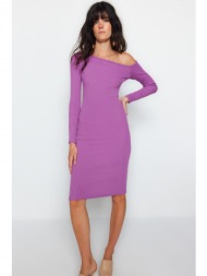 trendyol purple ribbed off-the-shoulder fitted/sleek midi, flexible knit dress