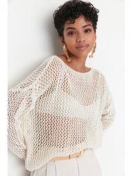 trendyol ecru extra-wide fit cotton openwork/perforated tricot sweater sweater