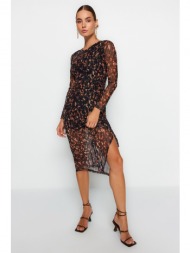 trendyol brown printed tulle lined fitting, long sleeve midi knitted dress with smocking