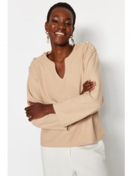trendyol beige thessaloniki/knitwear look with pearl detailed relaxed/comfortable fit knitted blouse