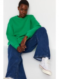 trendyol green oversize/comfortable fit basic crew neck thick/polar fleece knitted sweatshirt