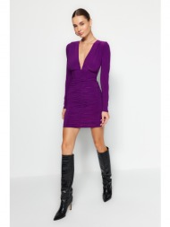 trendyol purple draped v-neck fitted/slee-down, stretchy mini knit dress
