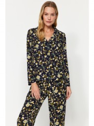 trendyol black floral pattern viscose shirt-pants woven pajamas set