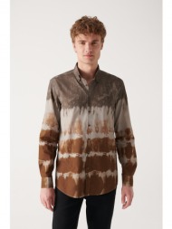 avva men`s brown printed buttoned collar 100% cotton slim fit slim fit shirt