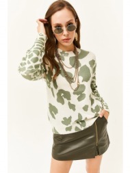 olalook women`s ecru green crew neck patterned soft textured knitwear sweater
