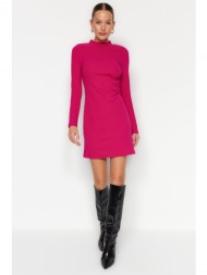 trendyol fuchsia stand-up collar, fitted, knitted mini dress with pleats