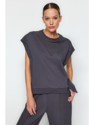 trendyol anthracite regular/normal fit stitching details, stand-up collar sleeveless, thick knitted 